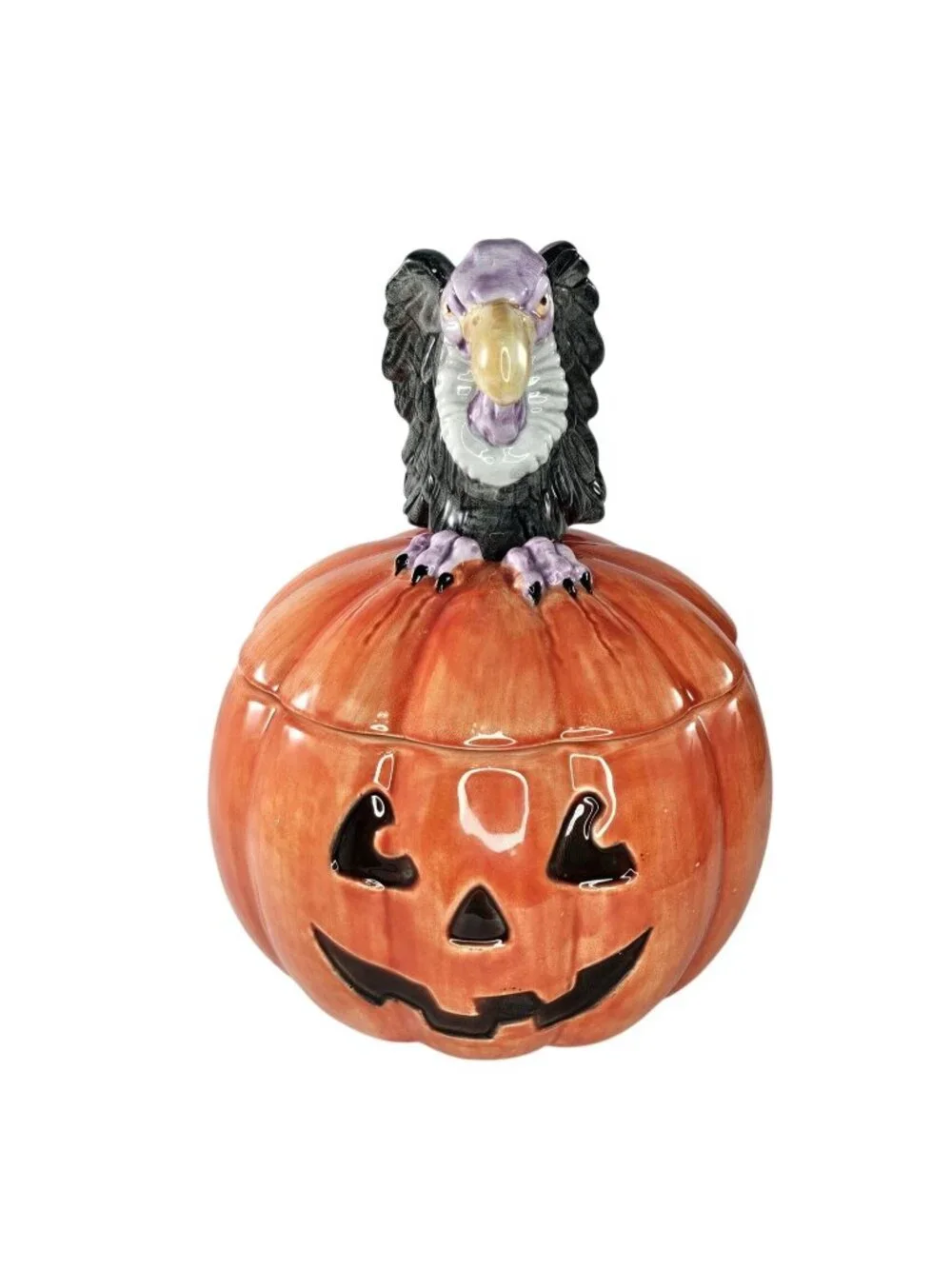 Rare 1988 Fitz & Floyd Vulture On Jack-O-Lantern Pumpkin Lidded Candy Dish Bowl